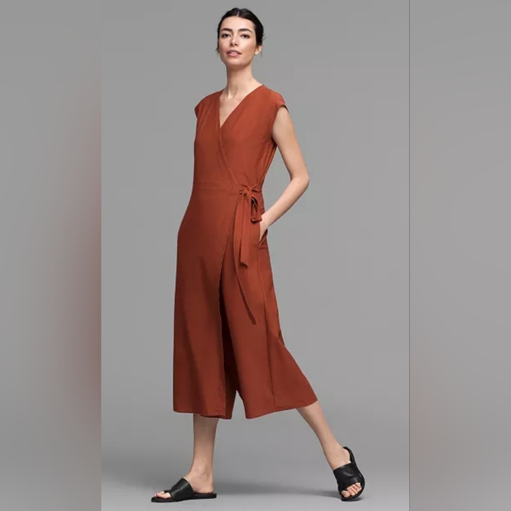 Eileen Fisher Petite Wrap Jumpsuit Crepe Wide Leg Deep Pekoe Rust Cropped PP